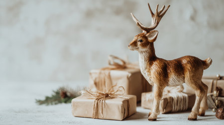 A charming deer figurine stands gracefully next to beautifully wrapped gifts, creating a cozy and inviting holiday scene perfect for seasonal decorations and celebrations.の素材
