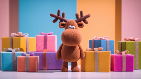 A charming brown plush reindeer stands among a variety of colorful gift boxes against a bright pastel backdrop, creating a joyful and festive atmosphere perfect for celebrations.の素材