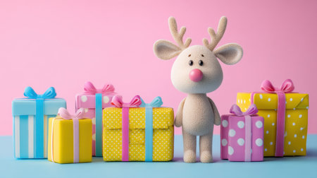 Adorable cartoon reindeer with a pink nose stands beside vibrant gifts, creating a delightful festive atmosphere. Ideal for holiday-themed projects or celebrations.の素材