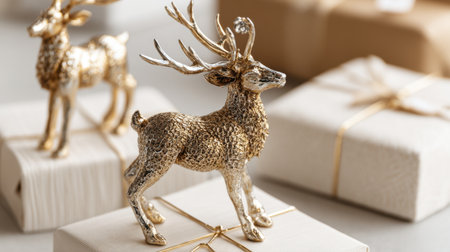 Discover the charm of golden deer figurines elegantly placed on wrapped gifts, perfect for enhancing your holiday decor and adding a touch of seasonal elegance.の素材