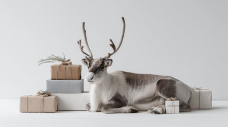 A serene scene featuring a realistic reindeer resting beside elegantly wrapped gifts in a minimalistic setting, perfect for holiday and festive imagery.の素材