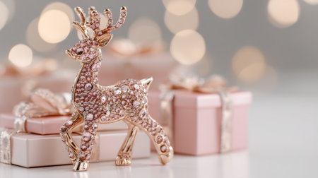 A sparkling reindeer figurine embellished with gems stands elegantly in front of soft lights and pastel gift boxes, creating a magical festive ambiance.の素材