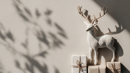 A charming reindeer figurine stands next to neatly wrapped gift boxes, creating an inviting holiday ambiance. Soft shadows play gracefully on the wall.の素材