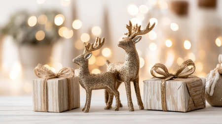 This enchanting image showcases elegant golden reindeer figurines amidst beautifully wrapped gift boxes, evoking a warm holiday atmosphere perfect for festive decoration.の素材