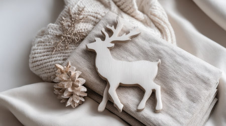 This elegant winter decor arrangement features a wooden reindeer, cozy knitted sweater, pinecone, and glittery snowflake, creating a perfect festive feel for the season.の素材