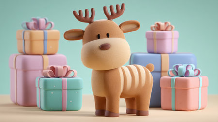 Adorable cartoon reindeer stands proudly among colorful gift boxes, creating a cheerful atmosphere for holiday celebrations, perfect for childrenの素材