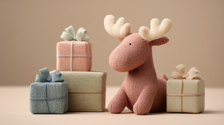 This charming image features a cute plush moose surrounded by neatly wrapped gift boxes in soft pastel colors, evoking a sense of warmth and celebration.の素材