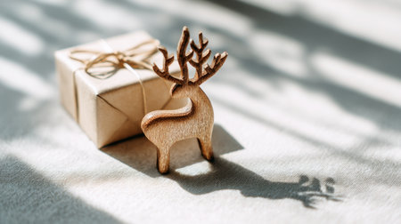A charming wooden deer figurine stands next to a beautifully wrapped gift box. Soft sunlight creates delicate shadows, enhancing a tranquil holiday scene.の素材