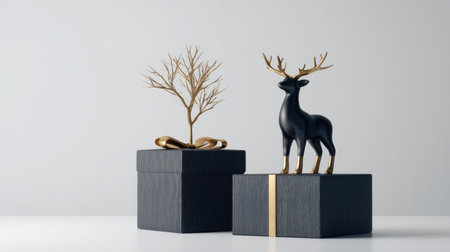 This stylish arrangement showcases two black gift boxes, one adorned with a gold tree sculpture and the other featuring a striking deer, ideal for holiday decor.の素材