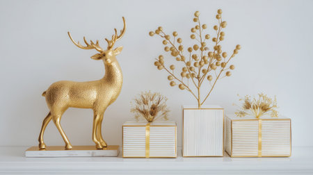 This image showcases a stunning golden deer figure alongside elegant gift boxes, perfect for adding a festive touch to home decor and styling ideas.の素材
