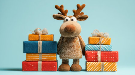 Adorable plush reindeer stands proudly between colorful, wrapped gifts against a soft blue background, creating a cheerful and festive atmosphere ideal for holiday celebrations.の素材