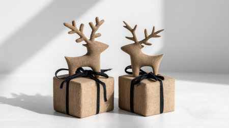 Charming burlap gift boxes topped with adorable reindeer figurines create a warm and inviting atmosphere, ideal for enhancing your holiday decor this winter season.の素材