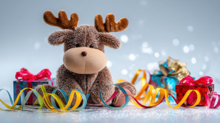 A charming plush reindeer sits among colorful gift boxes and vibrant ribbons, creating a delightful scene perfect for festive occasions and holiday cheer.の素材