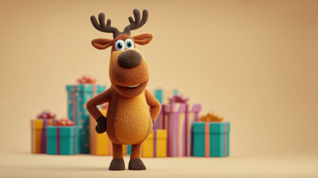 Charming cartoon reindeer character stands confidently in front of vibrant gifts, perfect for conveying holiday spirit, joy, and festive cheer in creative designs.の素材