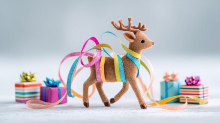 A charming reindeer figurine adorned with colorful ribbons stands amid small wrapped gifts, creating a joyful and festive atmosphere for holiday celebrations.の素材
