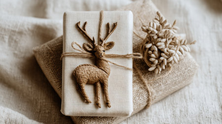 A beautifully wrapped gift featuring a charming deer decoration set against a rustic background. Ideal for holiday celebrations, this image exudes warmth and creativity.の素材