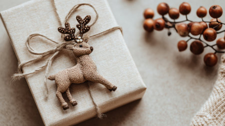 A beautifully wrapped gift showcasing a charming reindeer ornament, ideal for capturing the essence of holiday cheer, warmth, and rustic elegance in festive decor.の素材