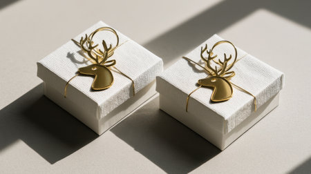 Two elegantly wrapped gift boxes with golden reindeer embellishments create a charming display. Perfect for festive occasions, they add a touch of luxury and style.の素材