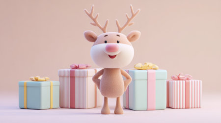 Adorable cartoon reindeer character with a friendly expression stands among colorful gift boxes, perfect for festive themes and holiday inspirations in various designs.の素材