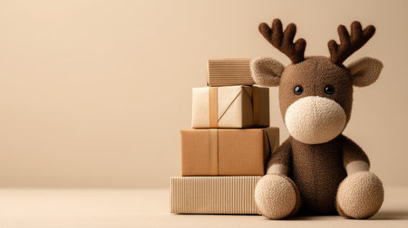 A charming plush reindeer toy sits beside neatly stacked gift boxes on a soft beige surface, creating a warm and inviting atmosphere ideal for holiday cheer.の素材