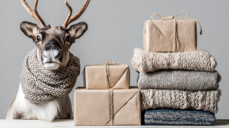 This charming image features a reindeer wearing a warm scarf, posing beside beautifully wrapped gifts and soft knitted sweaters, evoking a cozy winter atmosphere.の素材
