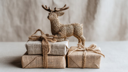 A charming rustic reindeer sculpture stands on elegantly wrapped presents, creating a warm and inviting atmosphere perfect for holiday gatherings and winter celebrations.の素材