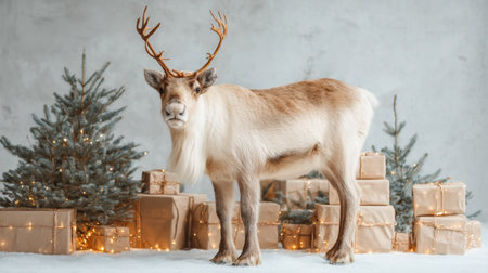 A beautiful reindeer stands poised in a cozy indoor setting, surrounded by Christmas trees and wrapped gifts, creating a magical and festive holiday atmosphere.の素材
