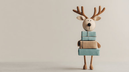 Adorable reindeer character holds gift boxes in soft colors, perfect for capturing the spirit of holidays and celebrations in various creative projects.の素材