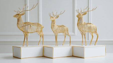 Discover a striking trio of golden wireframe deer sculptures, elegantly displayed on minimalist pedestals, perfect for enhancing modern home decor aesthetics.の素材