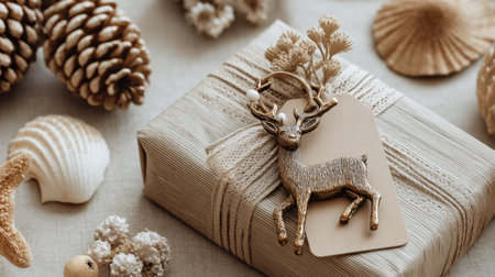 A beautifully wrapped gift showcases a golden deer figurine and dried flowers, surrounded by pine cones and seashells, perfect for seasonal celebrations and rustic decor.の素材
