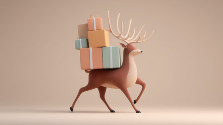 A charming reindeer joyfully carries a stack of colorful gifts, embodying the spirit of holiday celebrations. This whimsical illustration adds a festive touch to any project.の素材