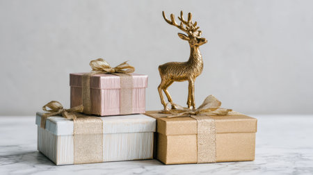 This stylish composition features beautifully wrapped gifts adorned with elegant bows and a golden deer figurine, ideal for holiday celebrations and decorating.の素材