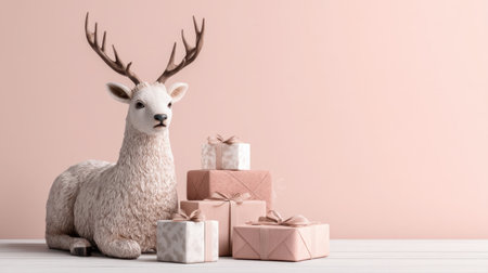 A charming white deer figurine sits beside beautifully wrapped gifts on a soft pink backdrop, perfect for holiday decorations and festive home styling.の素材