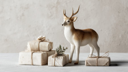 A charming deer figurine stands next to beautifully wrapped gifts on a soft, neutral surface, creating a warm and inviting atmosphere for festive occasions.の素材