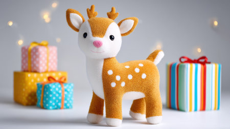 A charming plush reindeer toy stands proudly among vibrant gifts, creating a joyful holiday atmosphere suitable for decorating and gifting ideas for kids.の素材