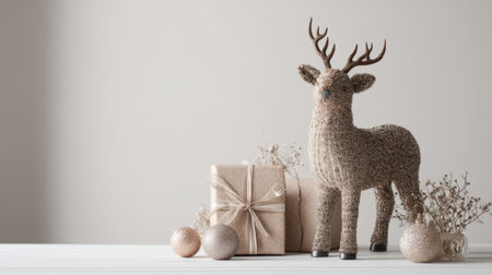 A charming arrangement featuring a plush reindeer beside beautifully wrapped gifts and shiny ornaments, perfect for adding warm festive spirit to any holiday decor.の素材