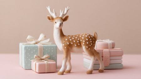 A delightful stag figurine stands beside elegantly wrapped gifts on a soft pink surface, creating a whimsical and festive atmosphere perfect for holiday celebrations.の素材