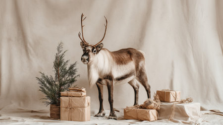 A reindeer gracefully stands beside wrapped gifts and a small pine tree, creating a warm holiday atmosphere. Perfect for seasonal celebrations, this image captures festive charm.の素材