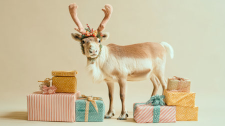 A charming reindeer with beautifully decorated antlers stands beside an array of colorful gift boxes, capturing the essence of holiday festivities and joy.の素材