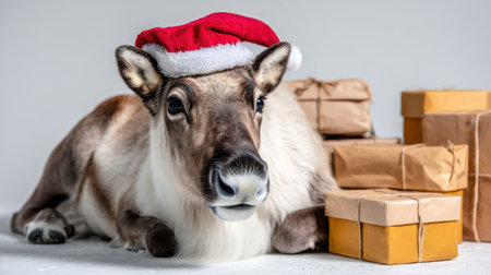 A charming reindeer dons a festive Santa hat, lounging beside neatly wrapped presents. This delightful image captures the spirit of Christmas and holiday joy.の素材