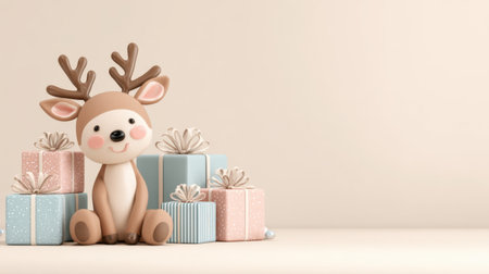 This delightful cartoon reindeer is surrounded by beautifully wrapped colorful gifts, creating a cheerful atmosphere perfect for holiday celebrations and winter joy!の素材