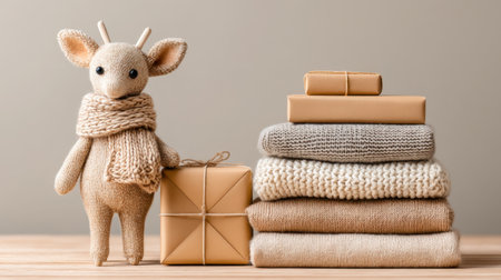 A charming knitted deer toy stands alongside neatly stacked fabrics and a gift box, creating a warm, inviting atmosphere perfect for festive decorations.の素材
