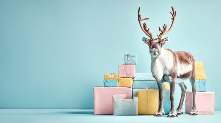 A charming reindeer stands proudly beside an array of brightly wrapped gifts in a serene blue backdrop, creating a festive and joyful atmosphere suitable for holiday themes.の素材