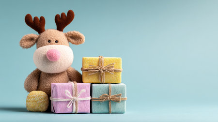 A charming plush reindeer with antlers sits next to colorful wrapped gifts. This delightful scene captures the essence of joy and warmth during festive occasions.の素材
