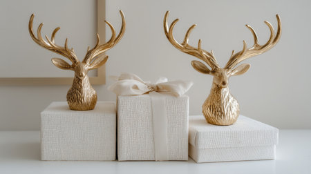 Delightful gold deer sculptures adorn white gifts, creating a festive and elegant display. Perfect for holiday decor, this image embodies modern luxury and charm.の素材
