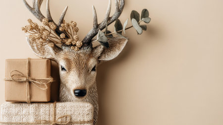 A charming decorative deer head with elegant antlers decorated with flowers and leaves, accompanied by beautifully wrapped gift boxes on a soft beige background.の素材