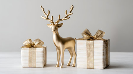 A beautiful gold reindeer figurine stands between two stylish gift boxes, each adorned with elegant gold ribbons. This arrangement enhances any holiday setting.の素材