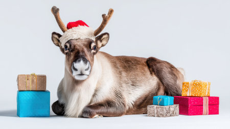 A charming reindeer wearing a festive Santa hat lies beside beautifully wrapped gifts, perfect for holiday decorations or cheerful seasonal greetings in photography.の素材