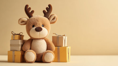 An adorable plush reindeer toy with soft brown fur and antlers, surrounded by elegant golden gift boxes, creating a warm and festive atmosphere for the holiday season.の素材