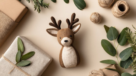 A charming stuffed deer toy rests amidst natural greenery and rustic decorations, creating a warm and inviting scene suitable for holiday gifting or decor inspiration.の素材
